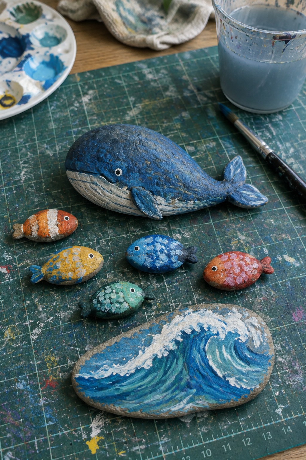 Painted rocks showing a large blue whale, several small colorful fish with patterns, and a wave design arranged on a green cutting mat with paint supplies nearby.