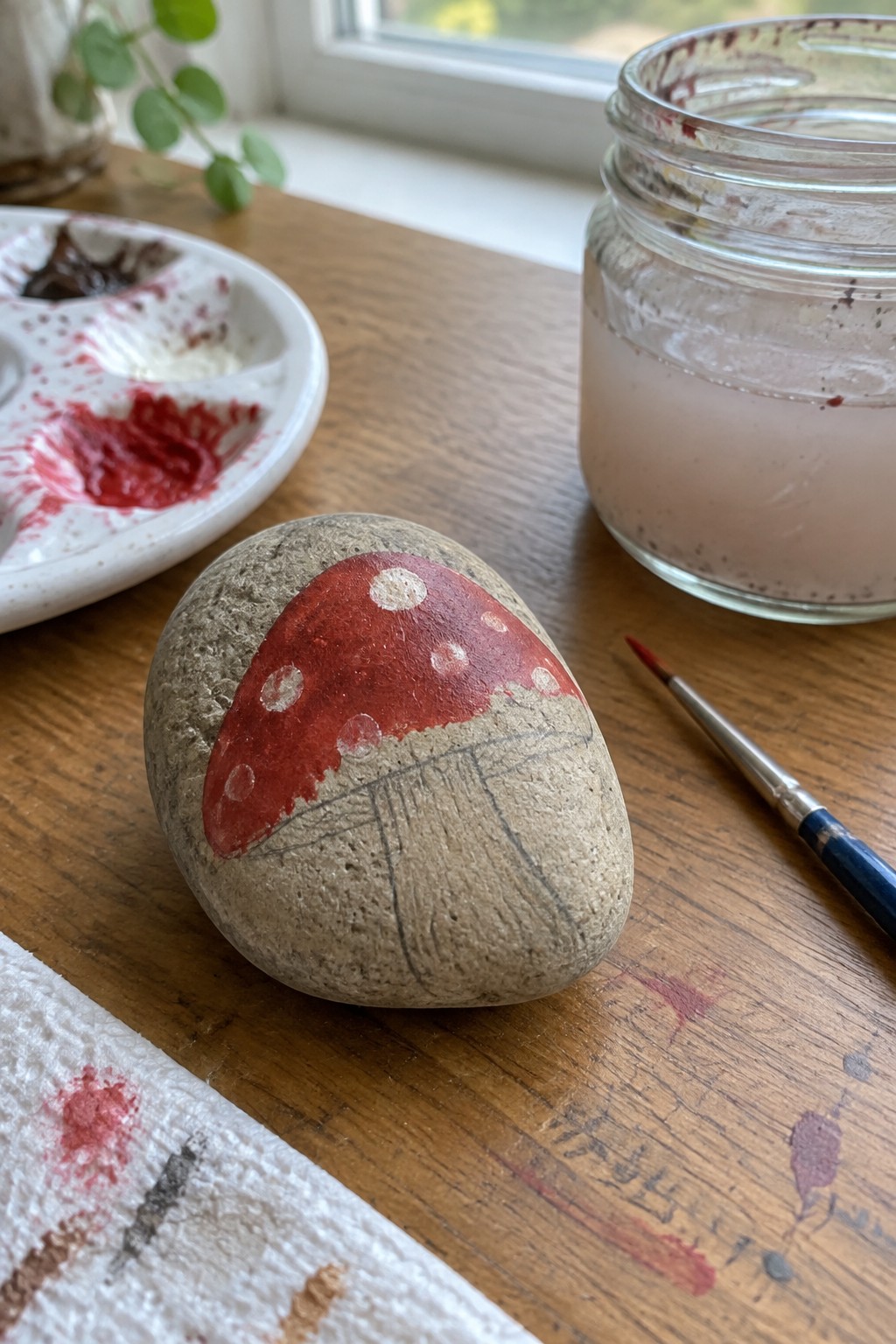 Painted rock with red mushroom cap and white dots amid art supplies on wood