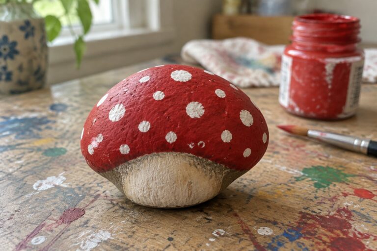 20 Mushroom Rock Painting Ideas Featuring Whimsical Woodland Details Red mushroom rock with white spots on paint-splattered wooden craft table