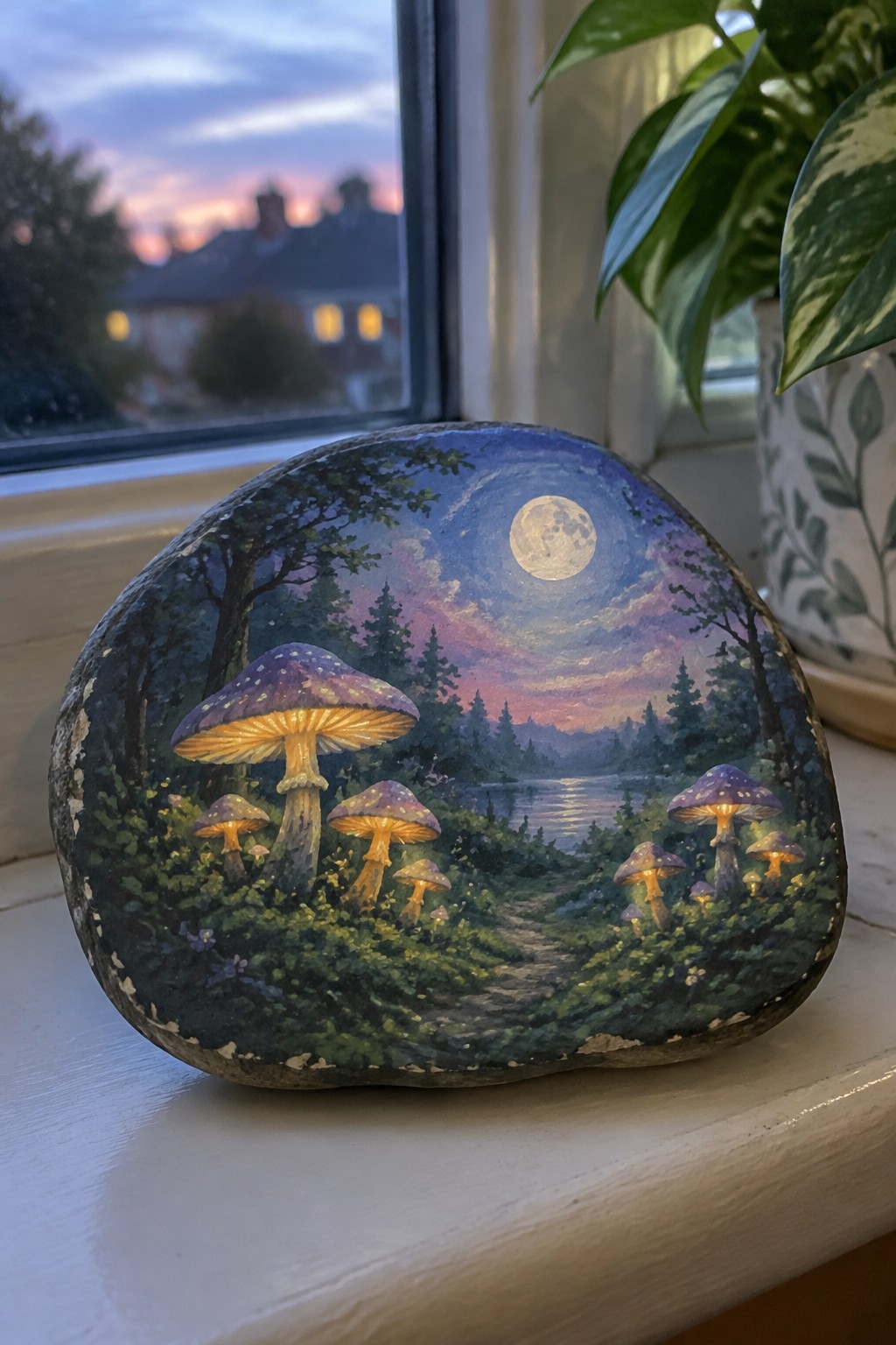 A painted rock with glowing mushrooms, a full moon, and a forest path at night sitting on a windowsill.