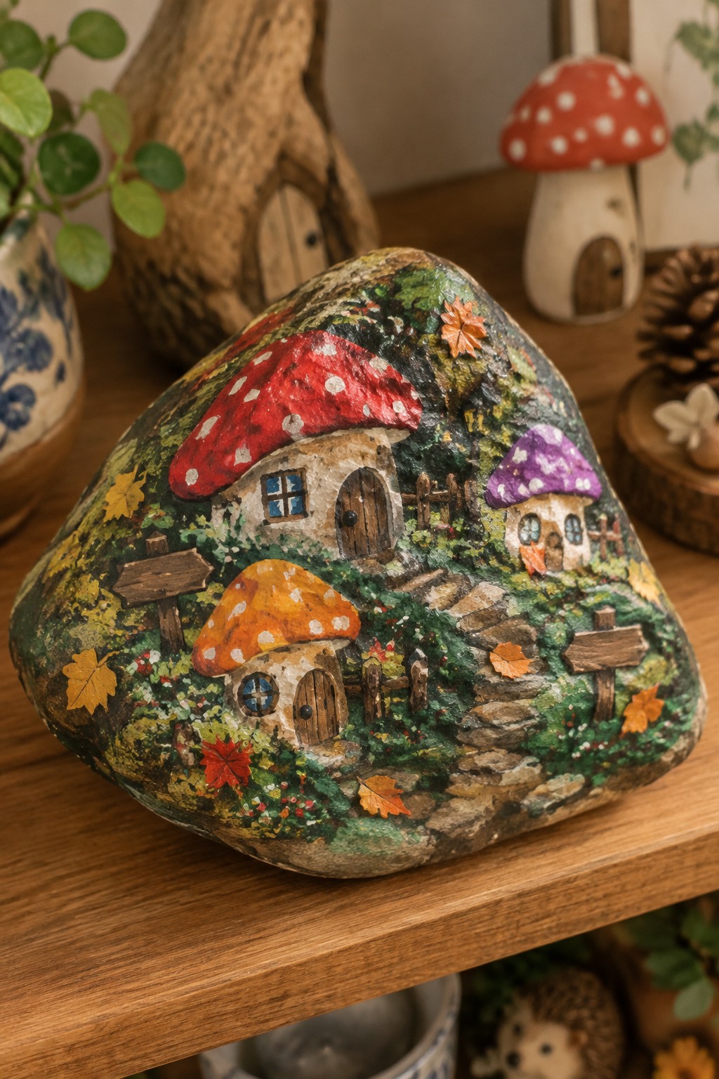 Painted rock with miniature mushroom houses, stone path, fence, and autumn leaves