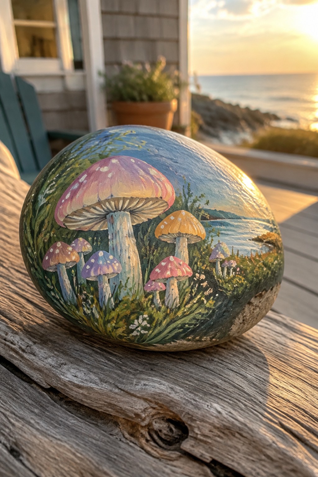 Oval stone painted with colorful mushrooms in grassy field by the sea