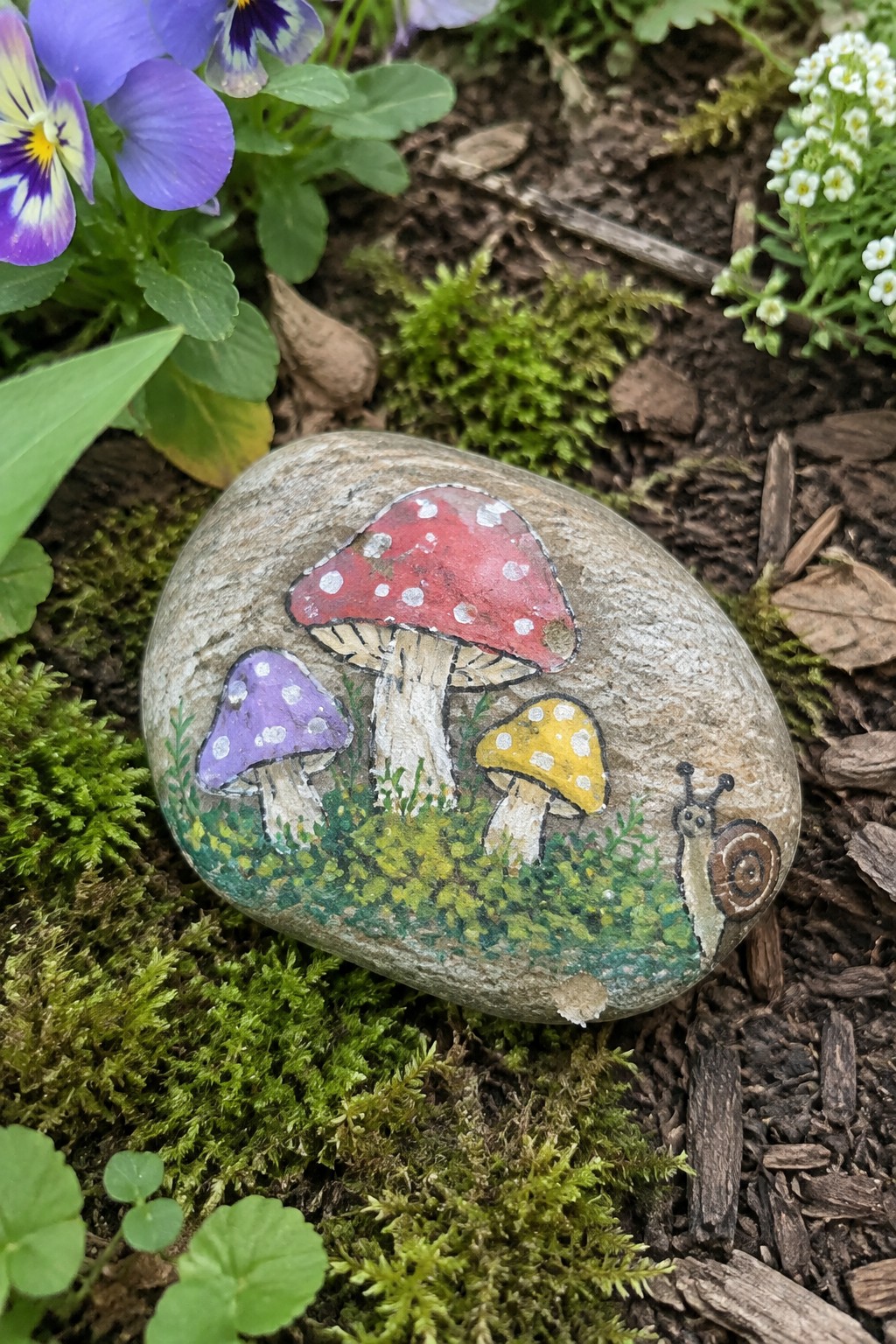 Painted rock with red, purple, and yellow spotted mushrooms plus a snail