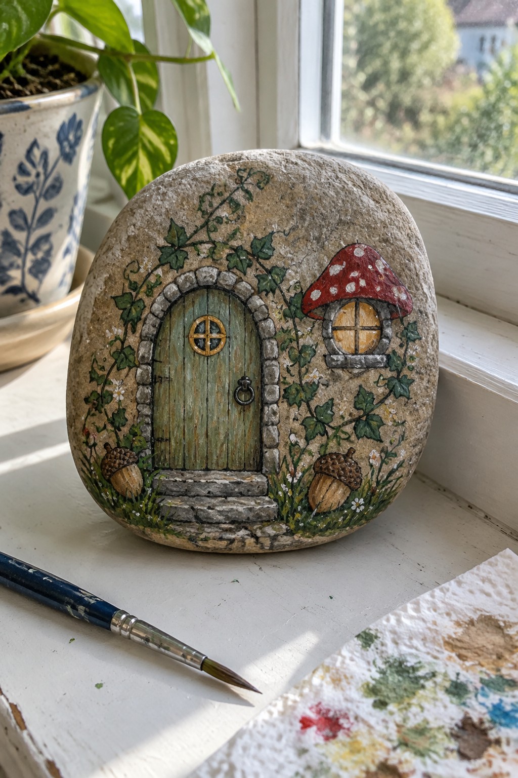 Painted rock with green fairy door, red mushroom house, acorns, and ivy on windowsill.