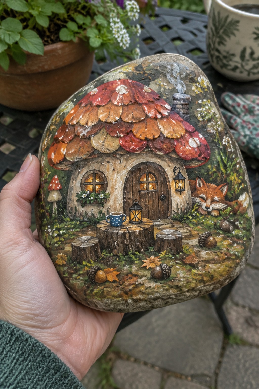 Hand holding painted rock of mushroom-roof cottage, sleeping fox, and acorns.