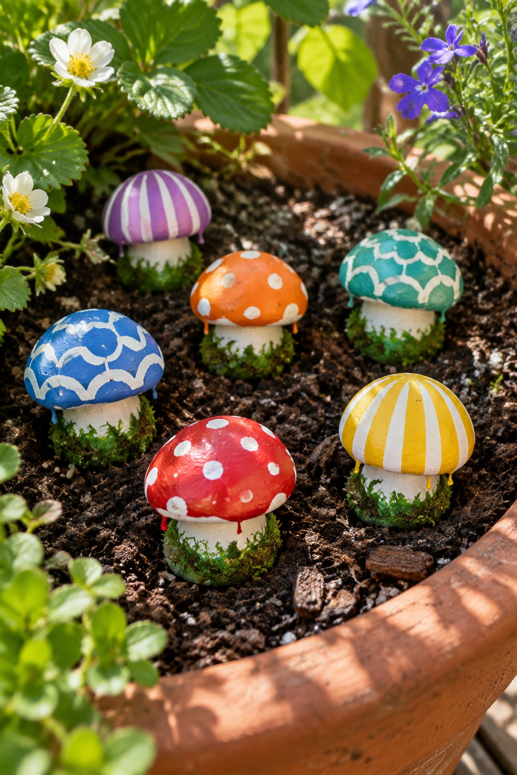 Colorful painted mushroom figurines in a soil-filled terracotta pot with flowers