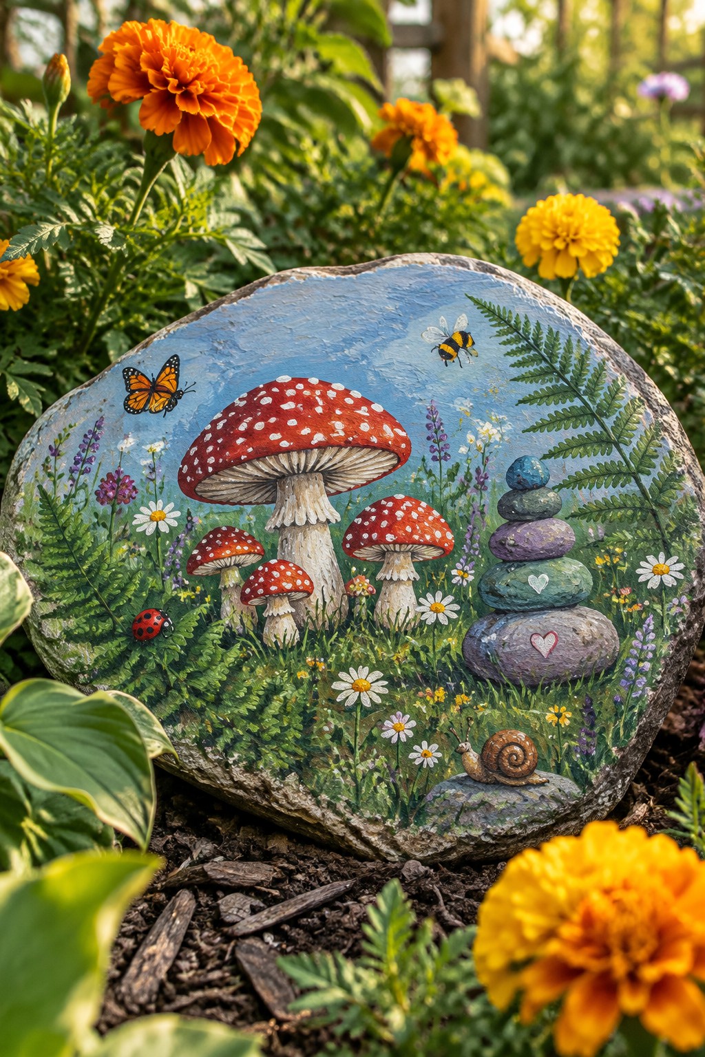 Painted rock showing red mushrooms, butterfly, bee, snail, flowers, and stacked heart stones