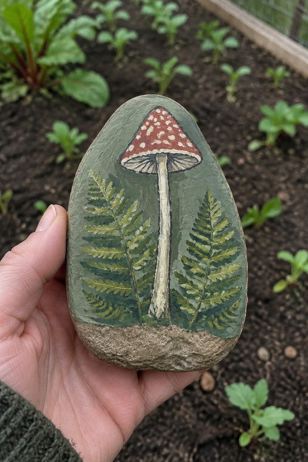 Hand holds painted rock with red-spotted mushroom and green ferns in garden