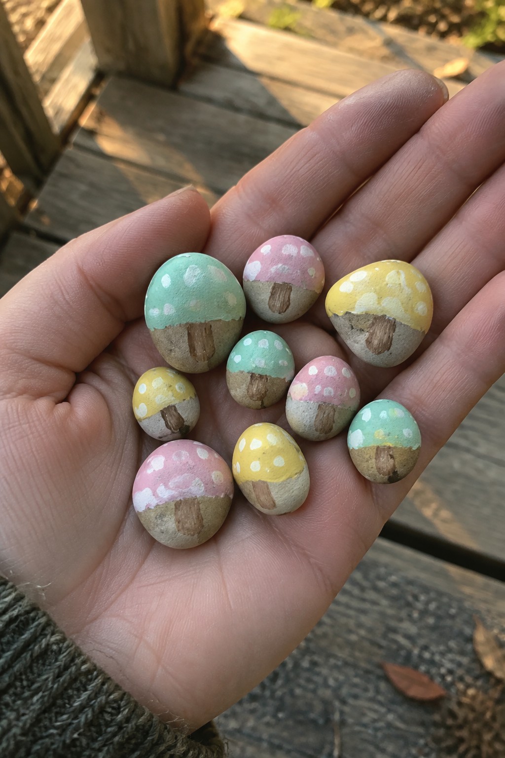 Hand holding nine pastel mushroom rocks with white spots on wooden deck.