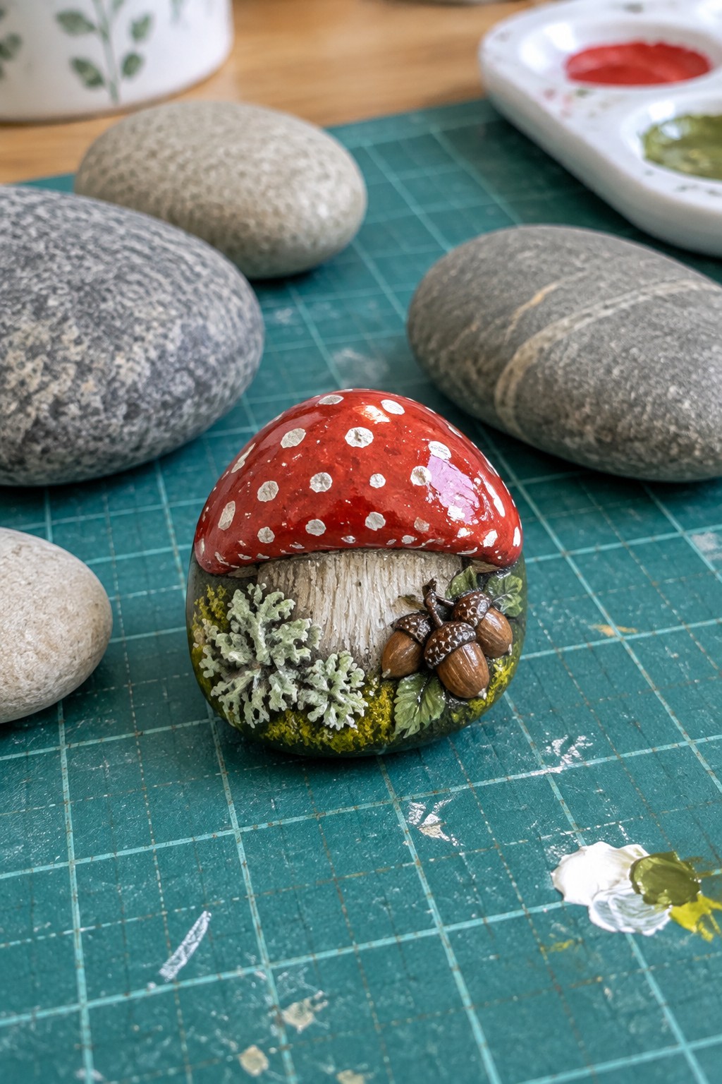 Red mushroom rock with white spots, acorns, and moss on green mat