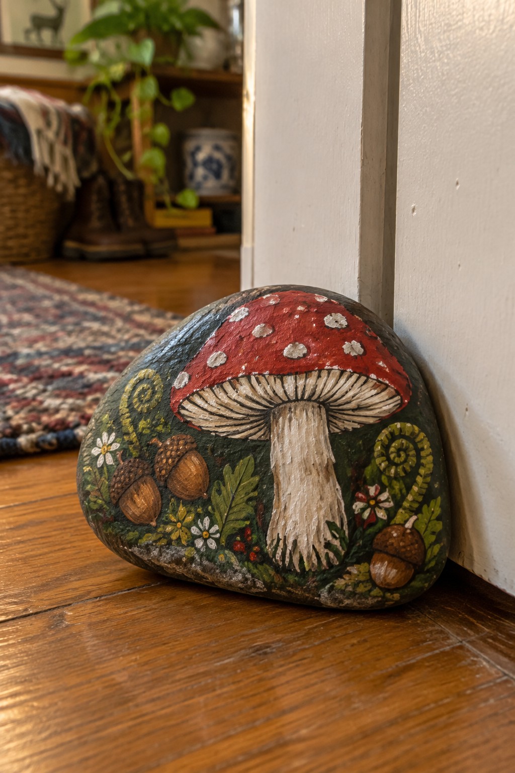 Painted rock with red mushroom cap, white stem, acorns and flowers on wood floor