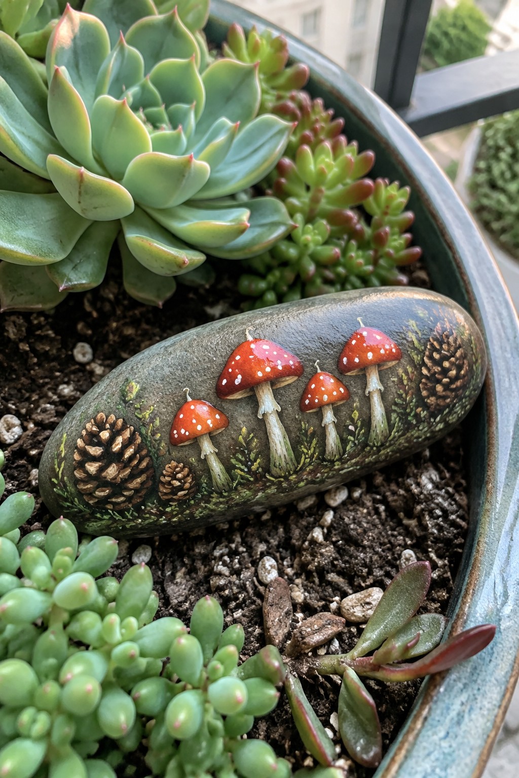 Painted stone with red mushrooms and pinecones nestled among green succulents in soil.