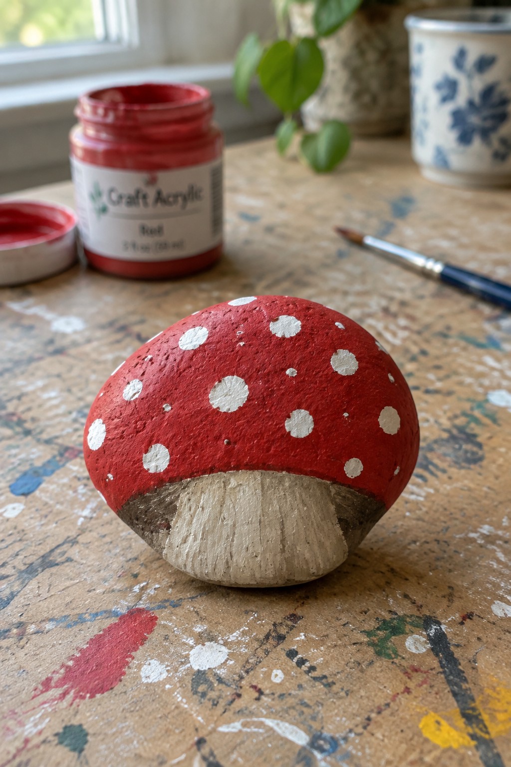 Red mushroom rock with white spots on paint-splattered wooden craft table
