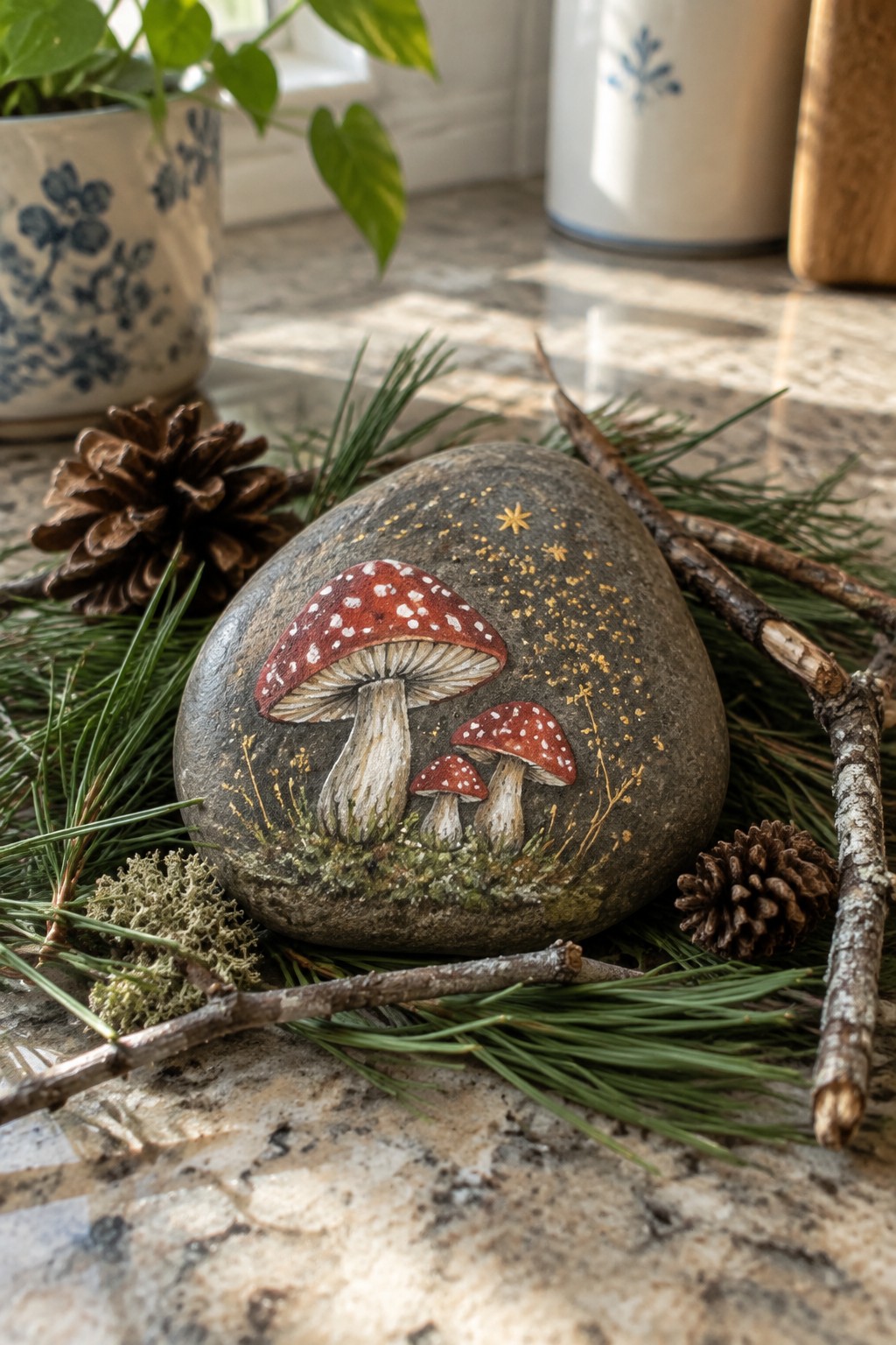 Painted rock with red mushrooms, white spots, gold stars amid pine needles and cones