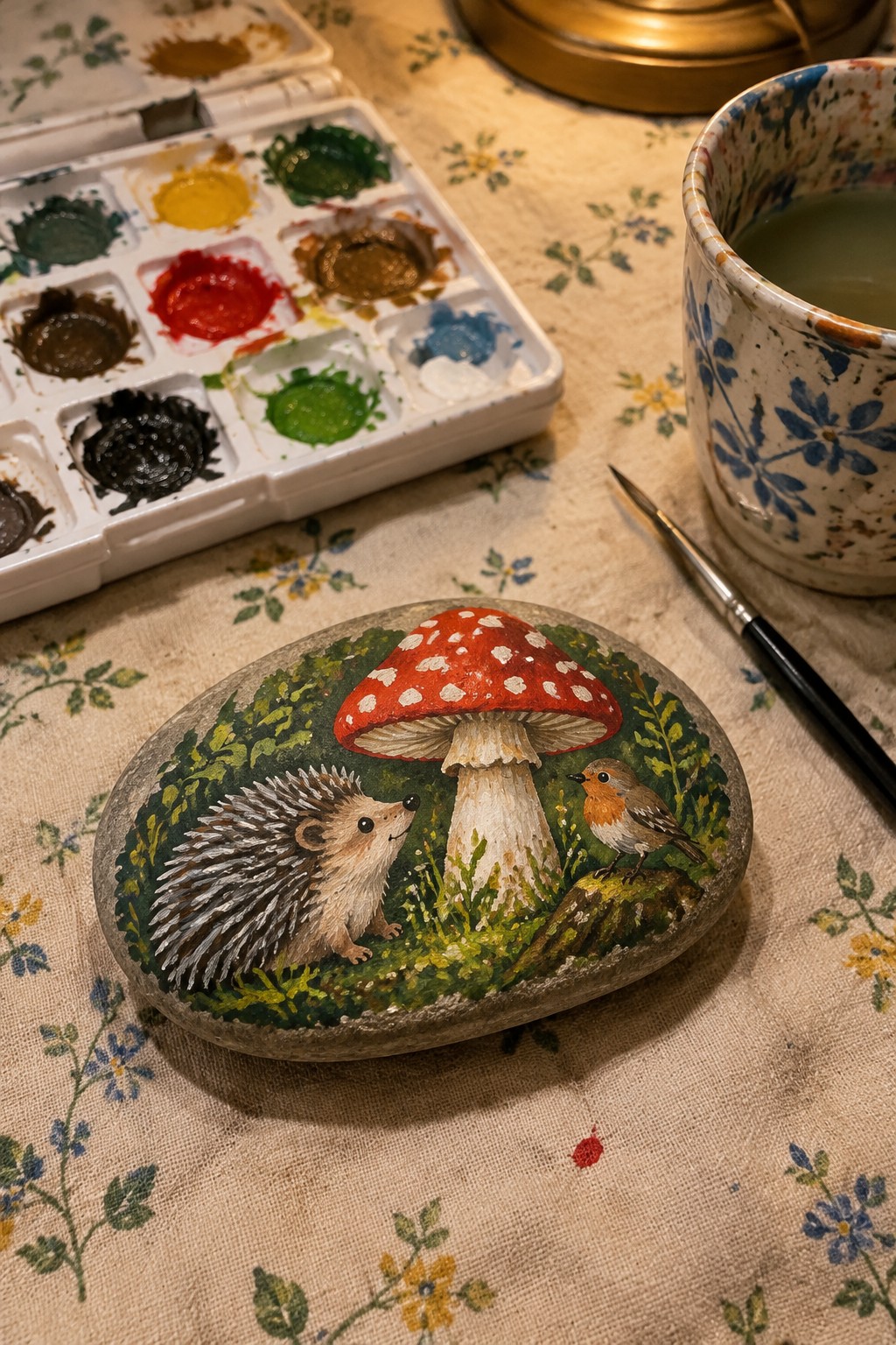 Painted oval rock with a red spotted mushroom, hedgehog, and robin surrounded by green foliage on a floral cloth with watercolor paints and a brush nearby.