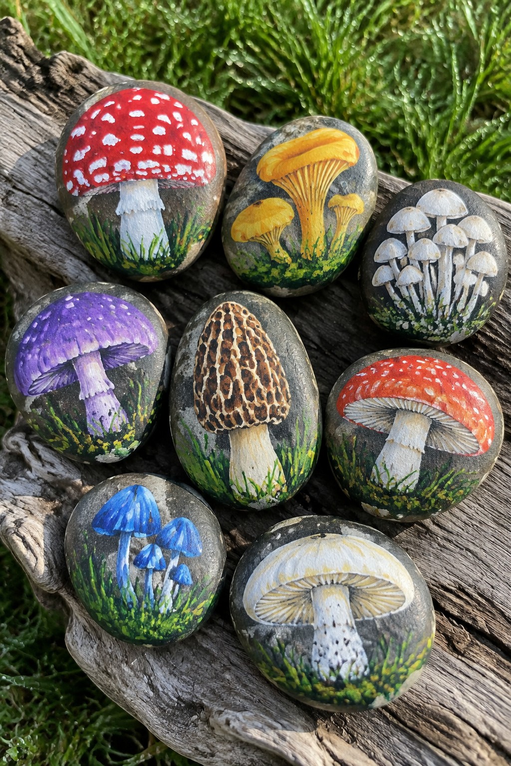 Nine colorful mushroom-painted rocks arranged on weathered driftwood outdoors.
