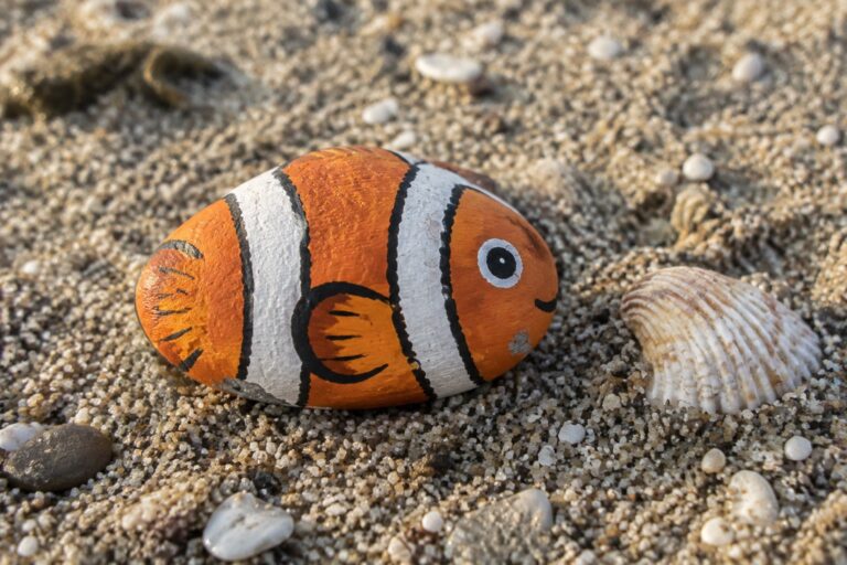 19 Ocean Rock Art Ideas Featuring Colorful Sea Creatures Orange-white striped clownfish painted on rock on sandy beach by seashell