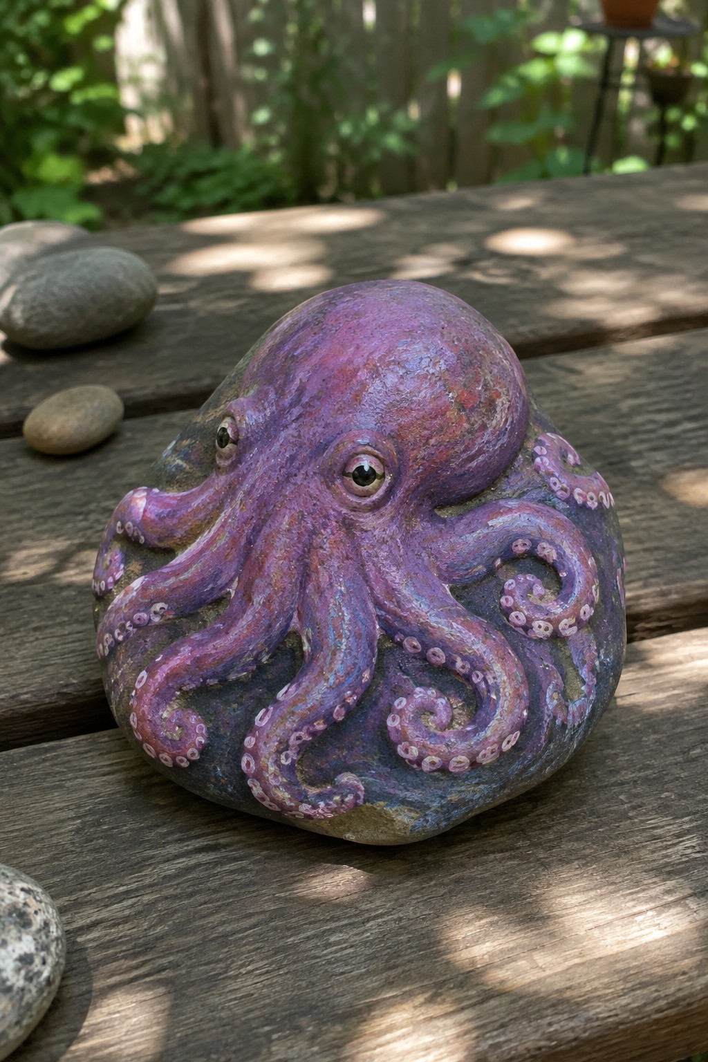 Purple octopus painted on rock atop wooden table with nearby stones.