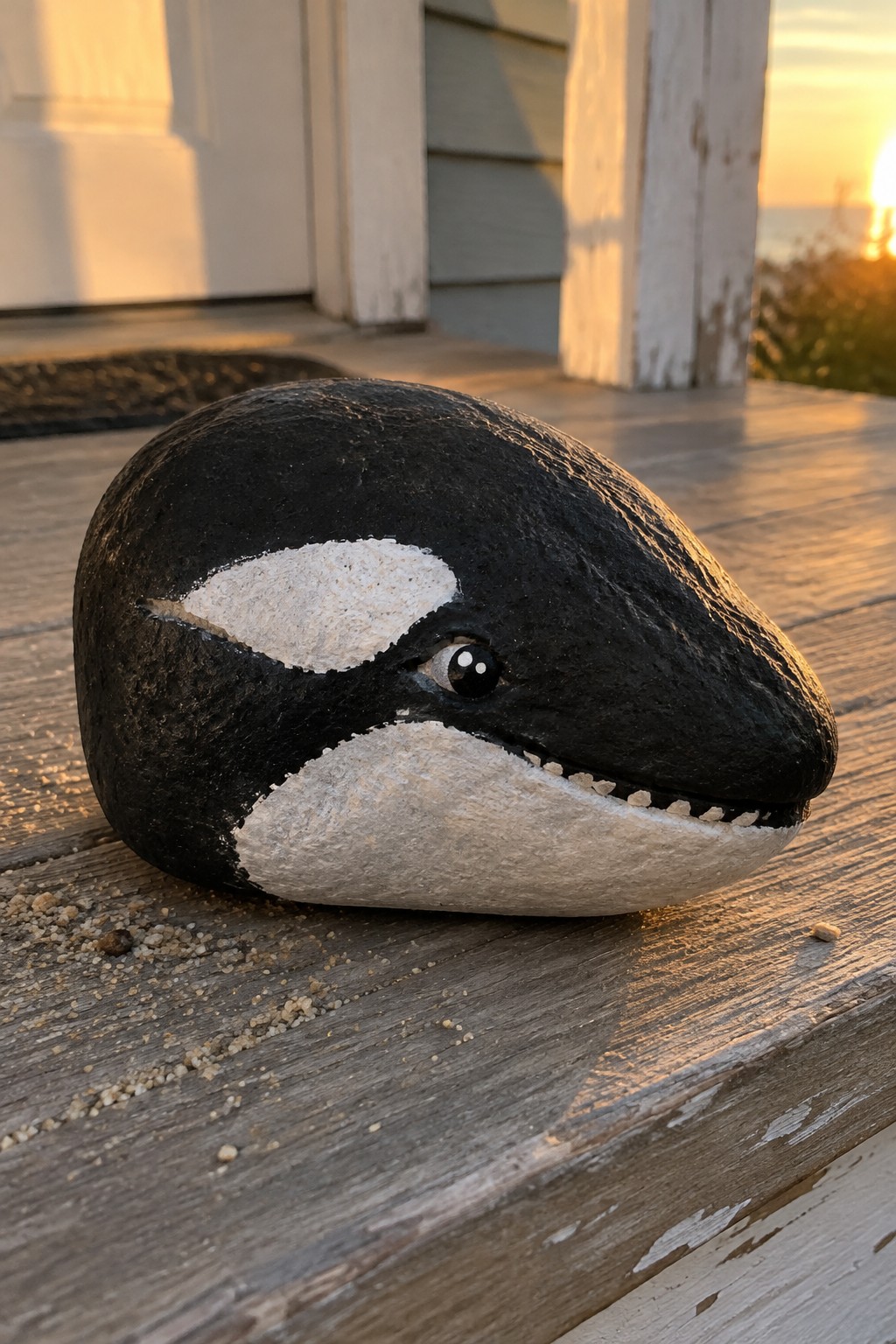 Painted black and white orca rock on sandy wooden porch at sunset
