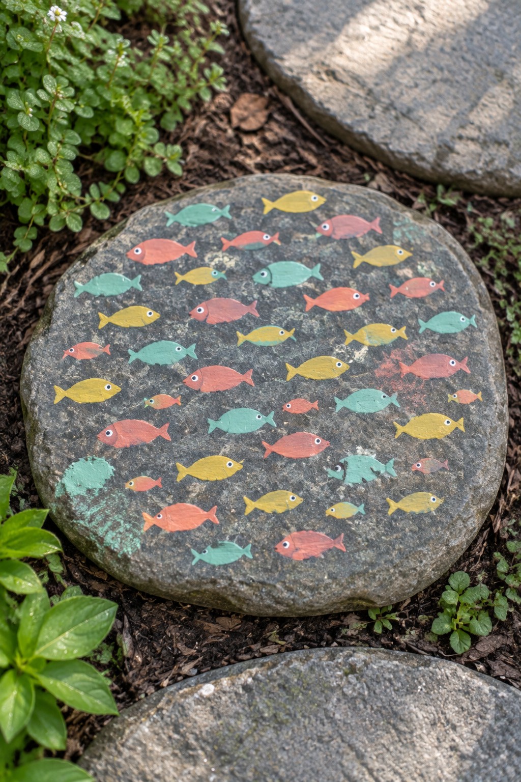 Round garden stepping stone painted with colorful fish in red, yellow, and teal.
