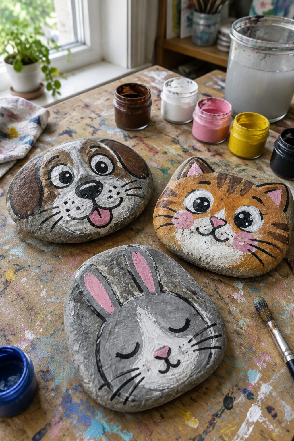 Painted rocks with dog, cat, and bunny faces amid paint jars and brush