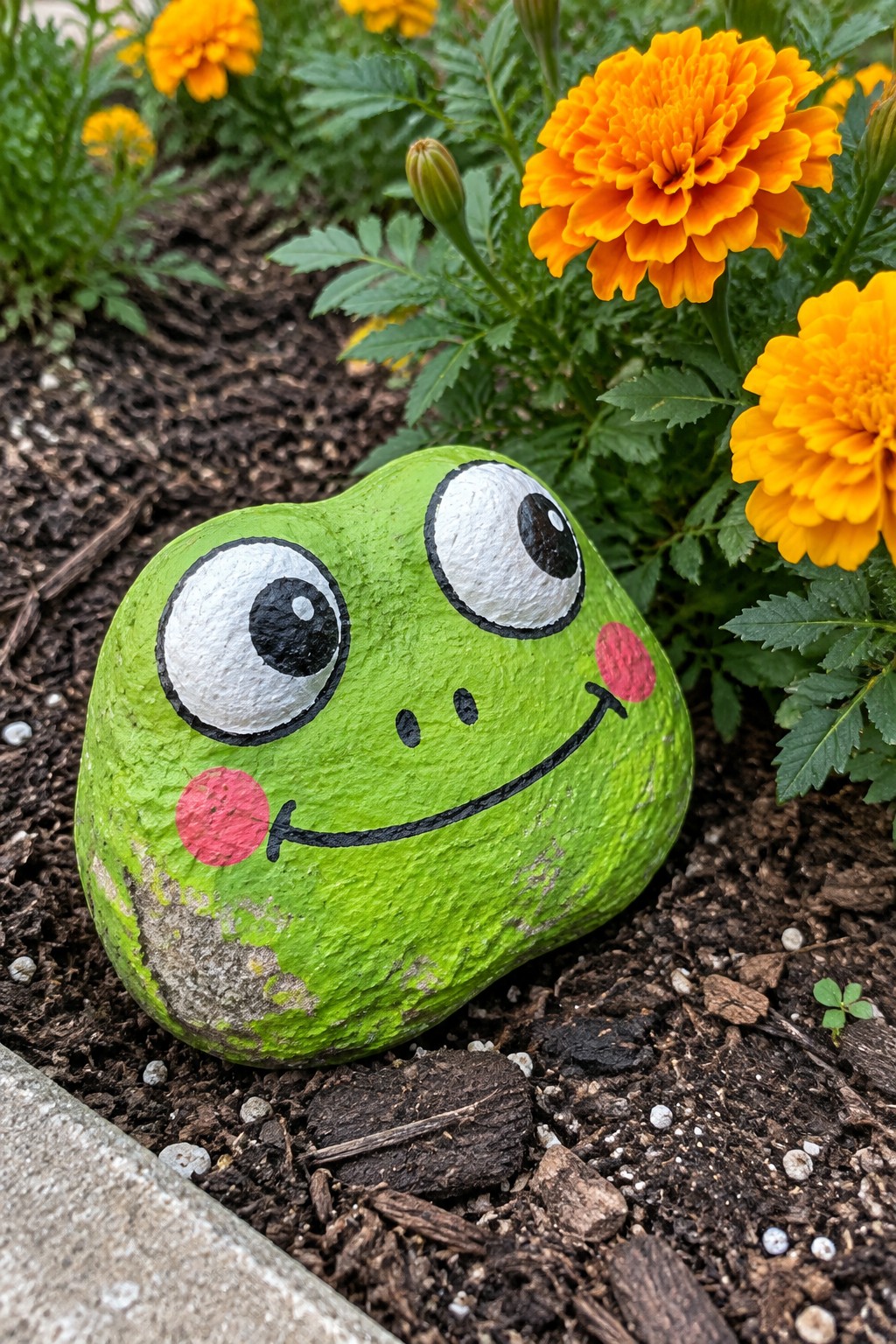 Green painted frog rock with big eyes, pink cheeks, and smile amid orange flowers.