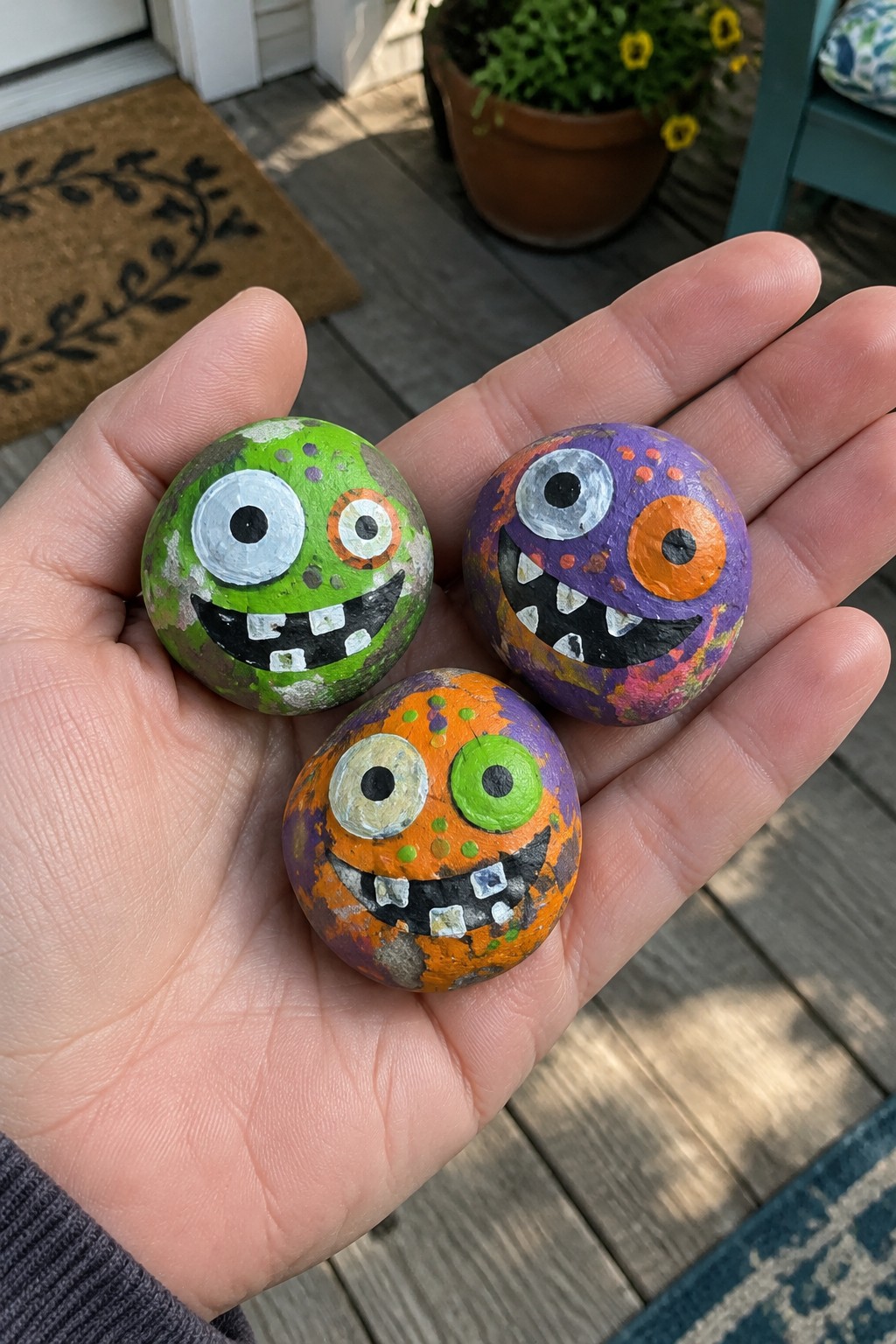 Hand holding three colorful painted rocks with cartoon monster faces on porch