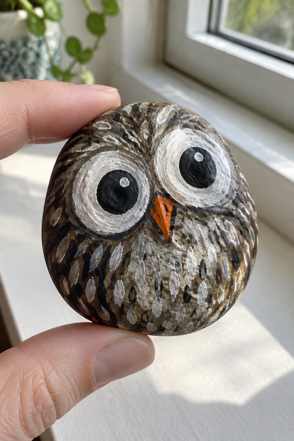 Hand holding round stone painted as owl with big eyes and orange beak