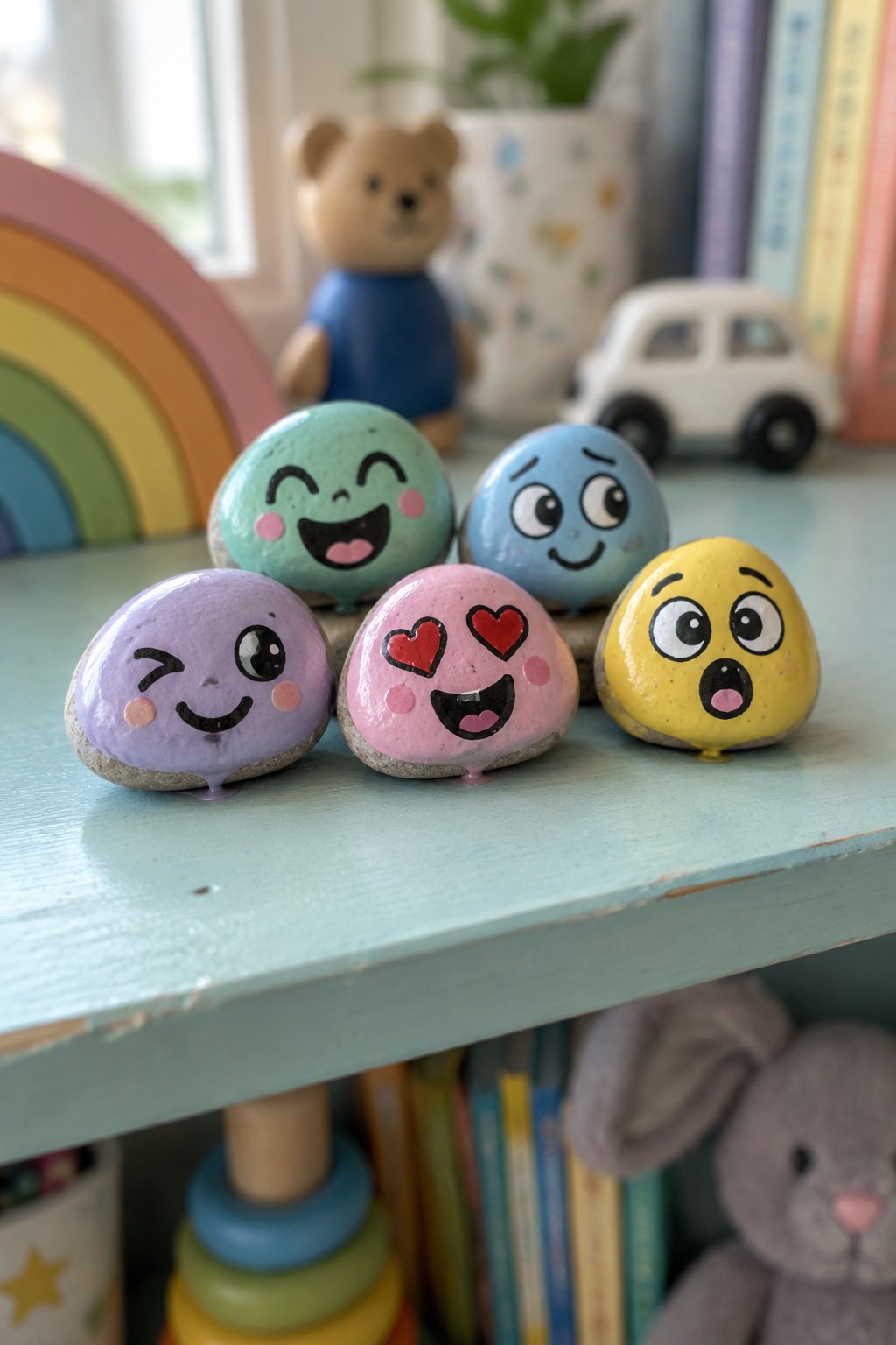 Five colorful painted rocks with cartoon faces on light blue table amid toys
