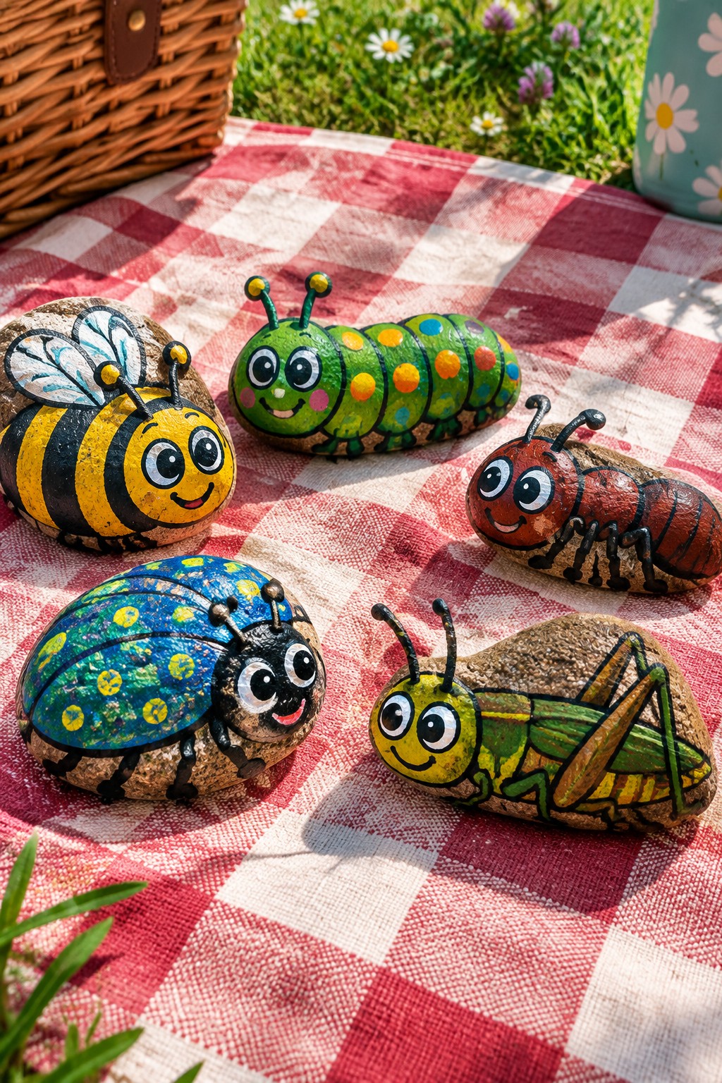 Colorful painted rocks of insects on red and white checkered picnic blanket.
