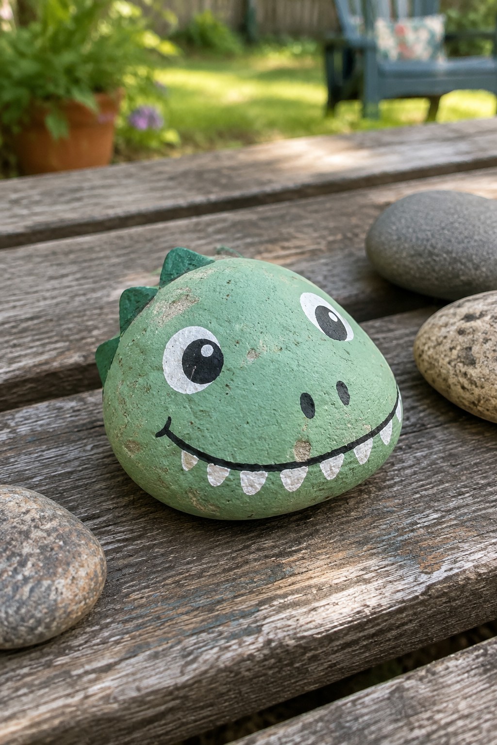 Green dinosaur-painted rock with spikes, big eyes, and toothy smile on wooden table