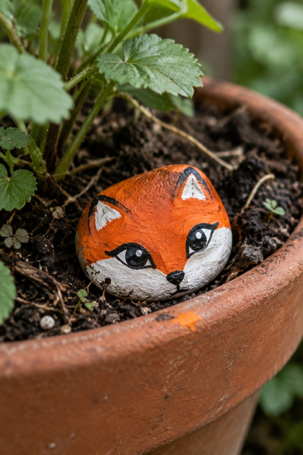 Orange fox rock with white muzzle nestled in soil of terracotta pot with plants.