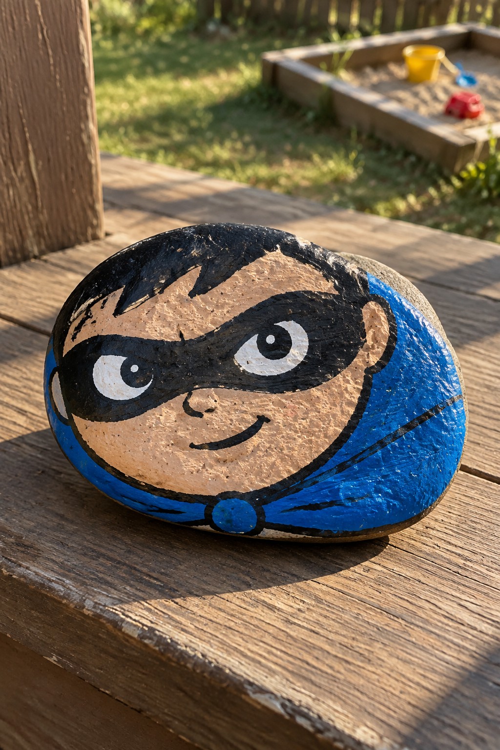 Painted rock of cartoon superhero with blue suit, black mask and smile on wood