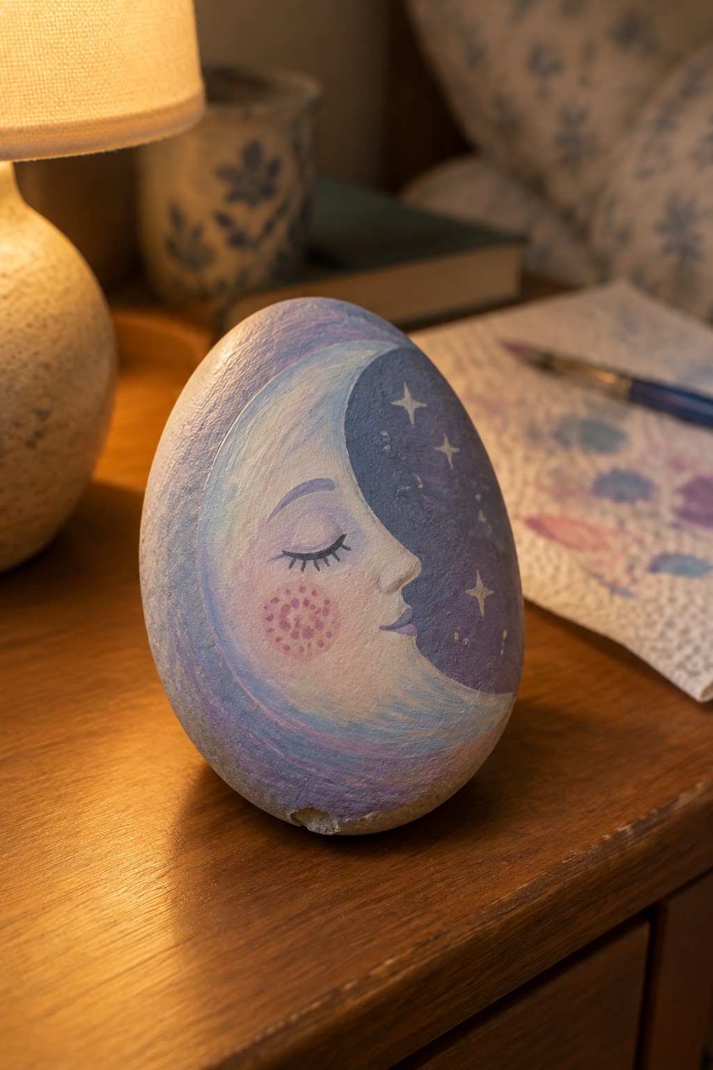 Painted rock with crescent moon face, stars, and rosy cheek on wooden table