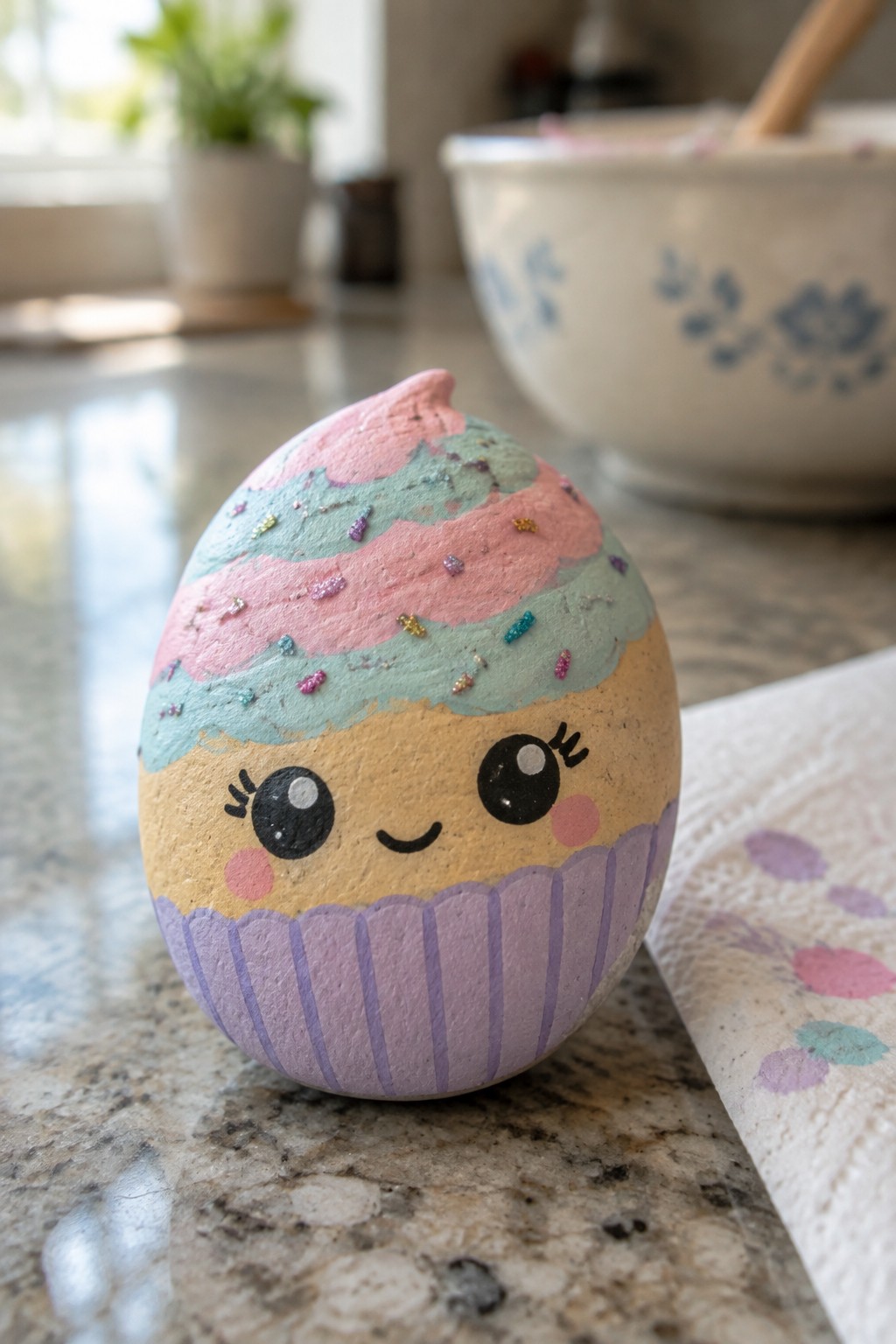 Painted rock resembling a cupcake with pastel frosting, sprinkles, and cute smiling face.