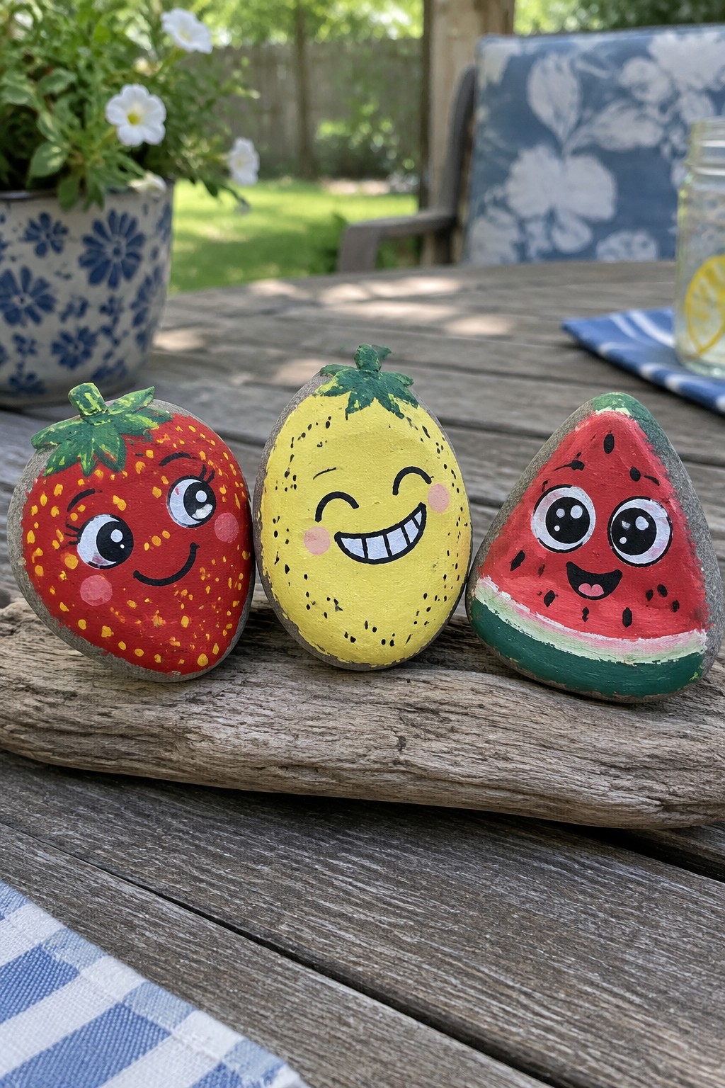 Three cute painted rocks as strawberry, lemon, and watermelon with smiling faces on wood