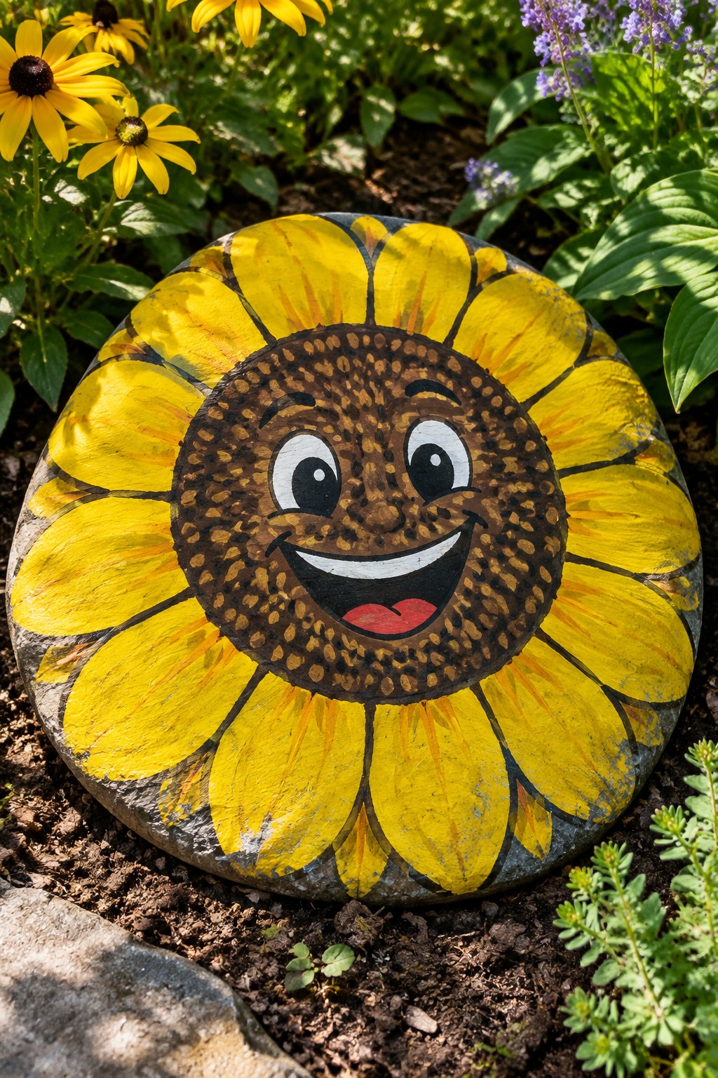 Smiling sunflower face painted on round rock amid yellow garden flowers.