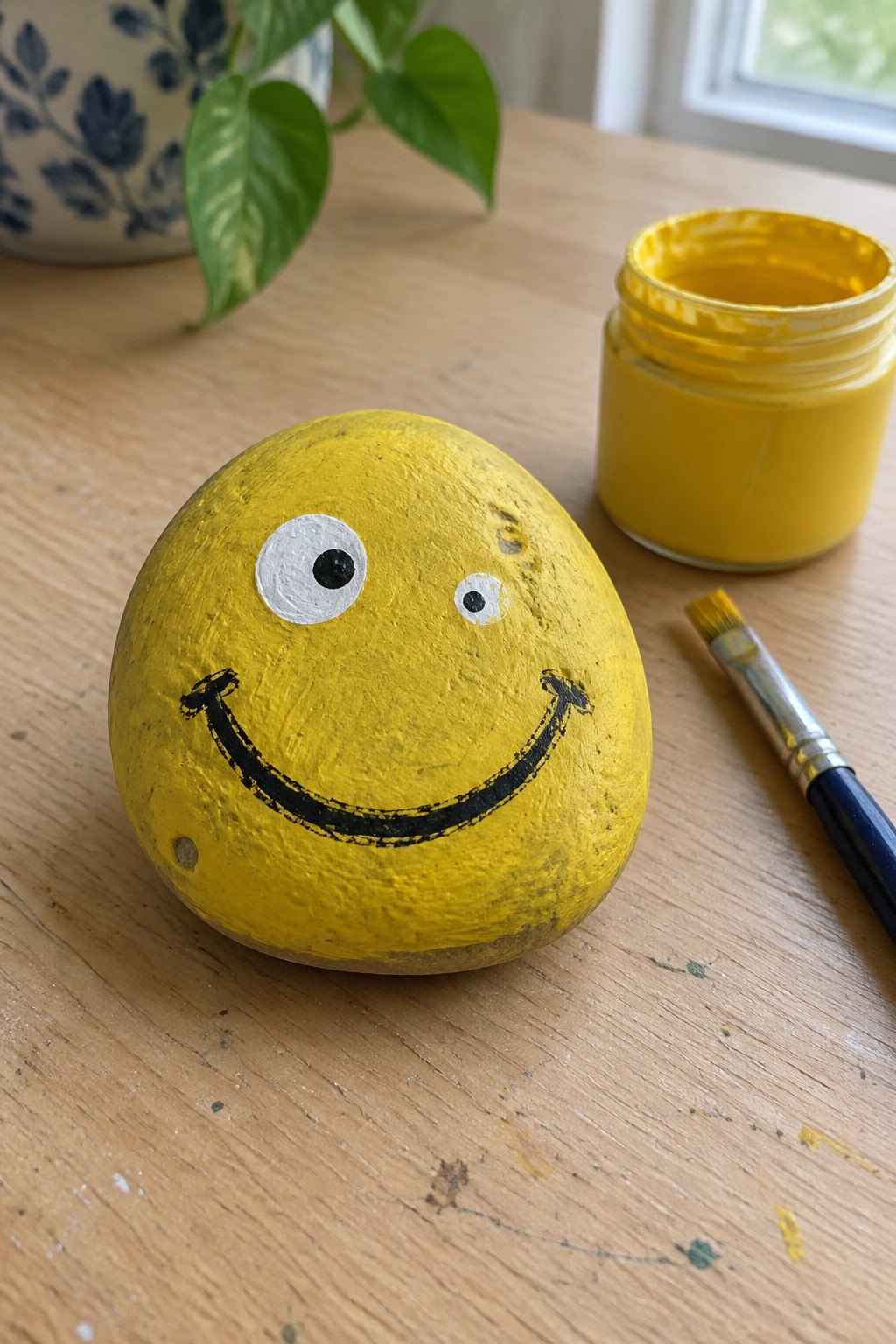 Yellow smiley rock with mismatched eyes beside open yellow paint jar and brush on wood table