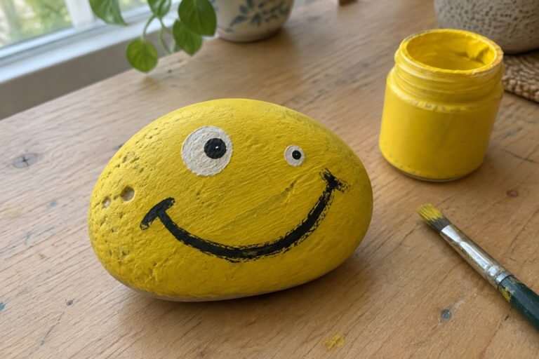 20 Pet Rock Painting Ideas Featuring Funny Smiley Faces Yellow smiley rock with mismatched eyes beside open yellow paint jar and brush on wood table