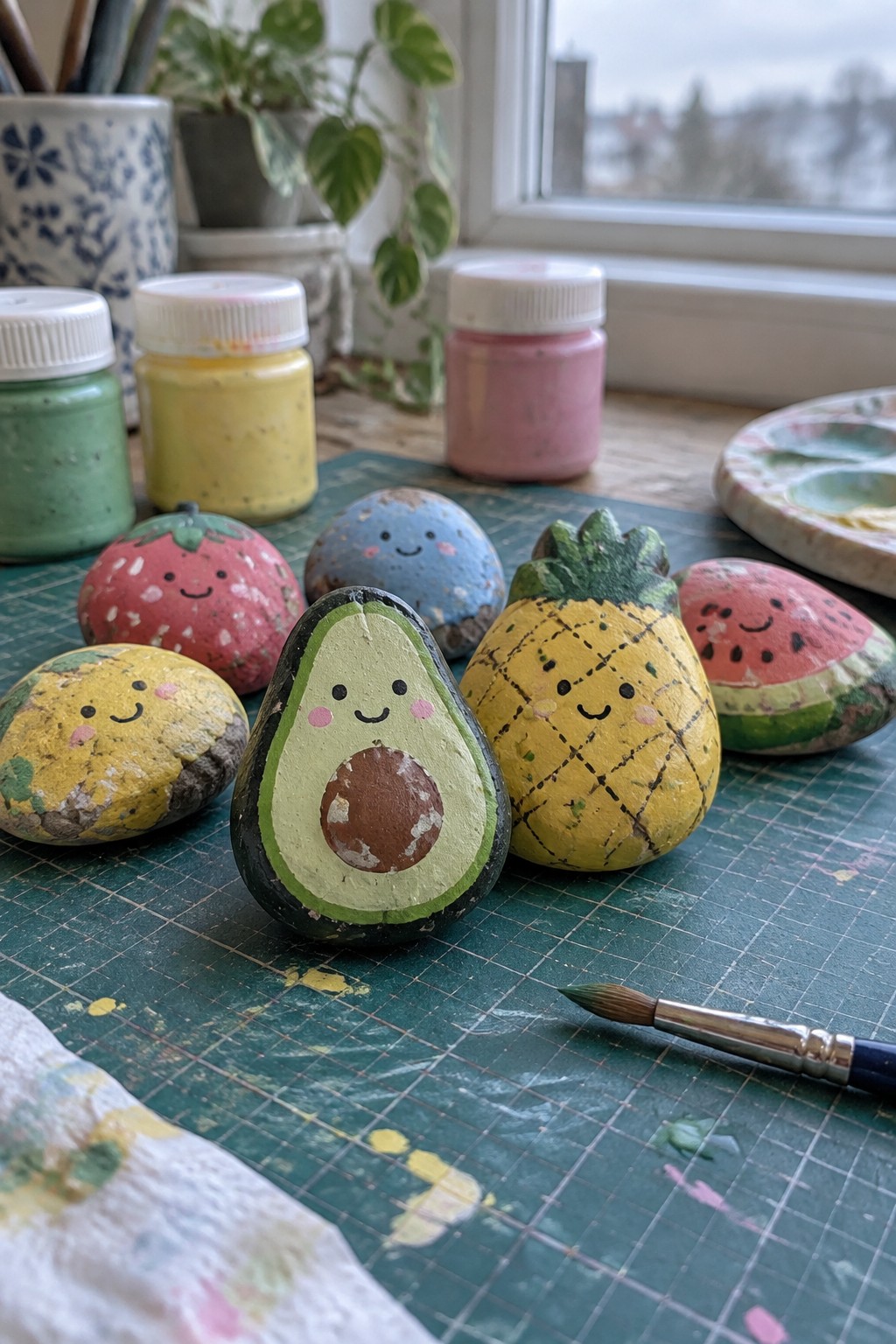 Cute painted fruit rocks with faces on green mat amid paint jars and supplies