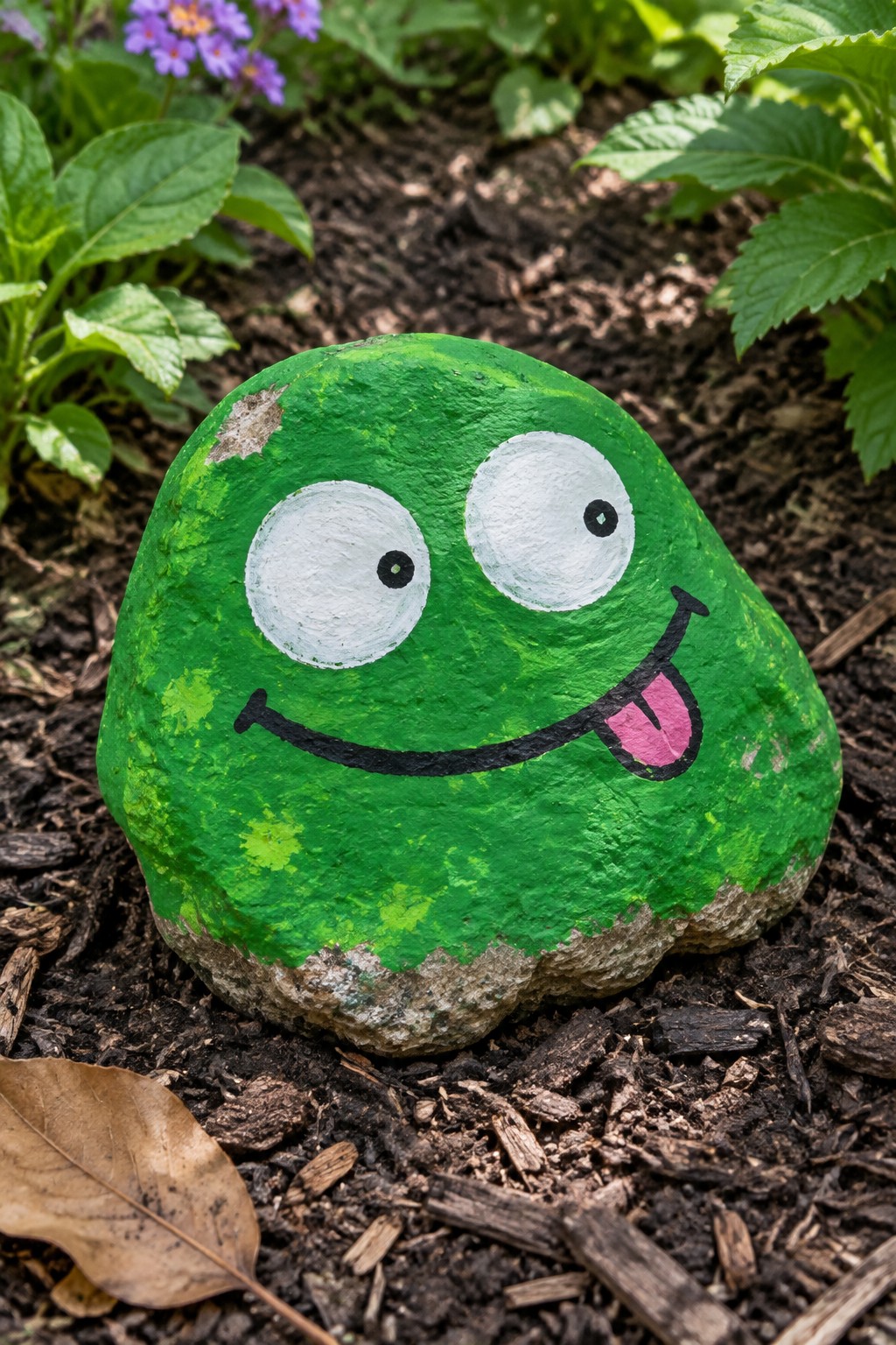 Green painted rock with cartoon face, big eyes, smiling mouth and pink tongue on soil