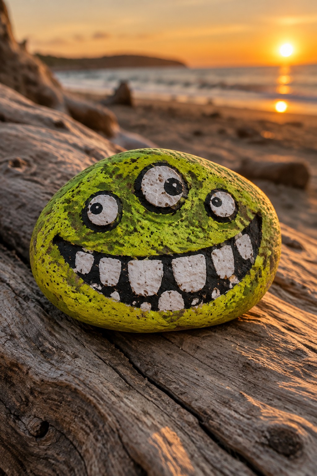 Lime green rock with three-eyed cartoon monster face on driftwood at sunset beach