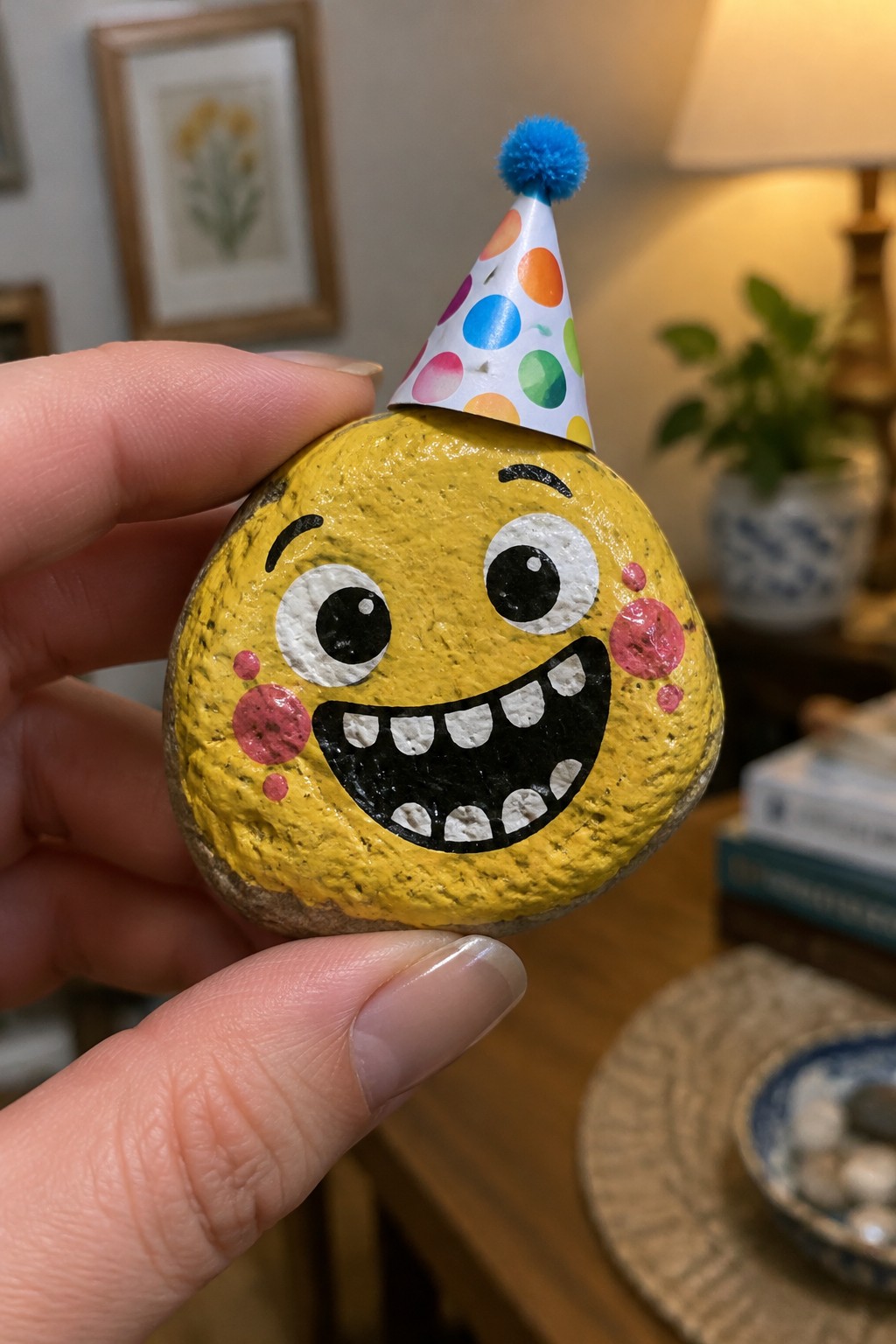 Hand holding yellow painted rock with grinning face and polka-dot party hat.