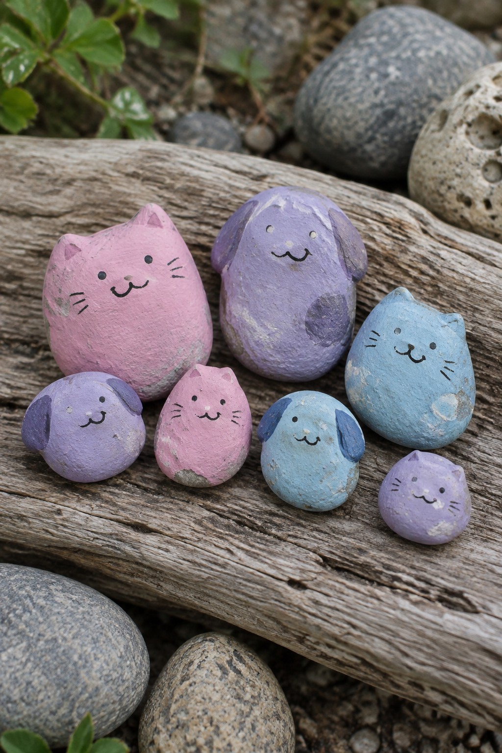 Pastel pink, purple, and blue painted rocks with cat and dog faces on wood