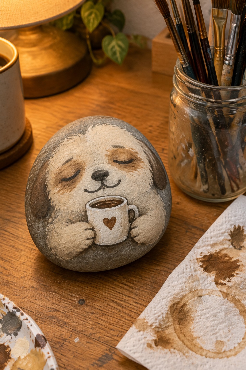 Painted rock of relaxed dog holding heart coffee mug on wooden table with brushes