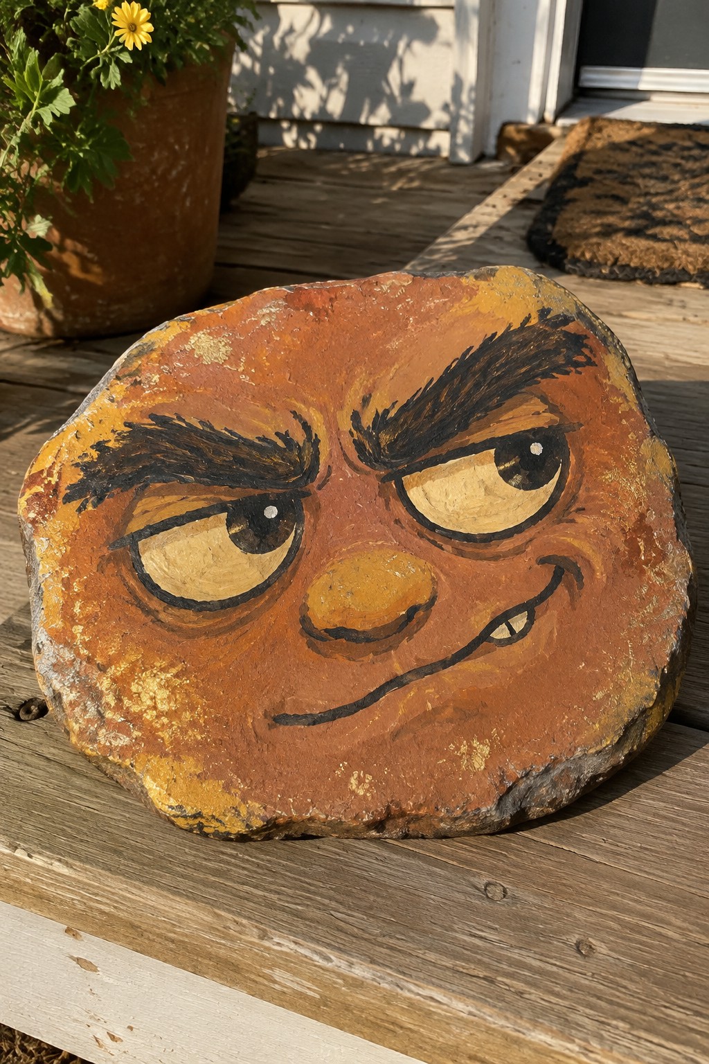 Painted orange rock with angry scowling face, thick brows, and smirk on wooden deck