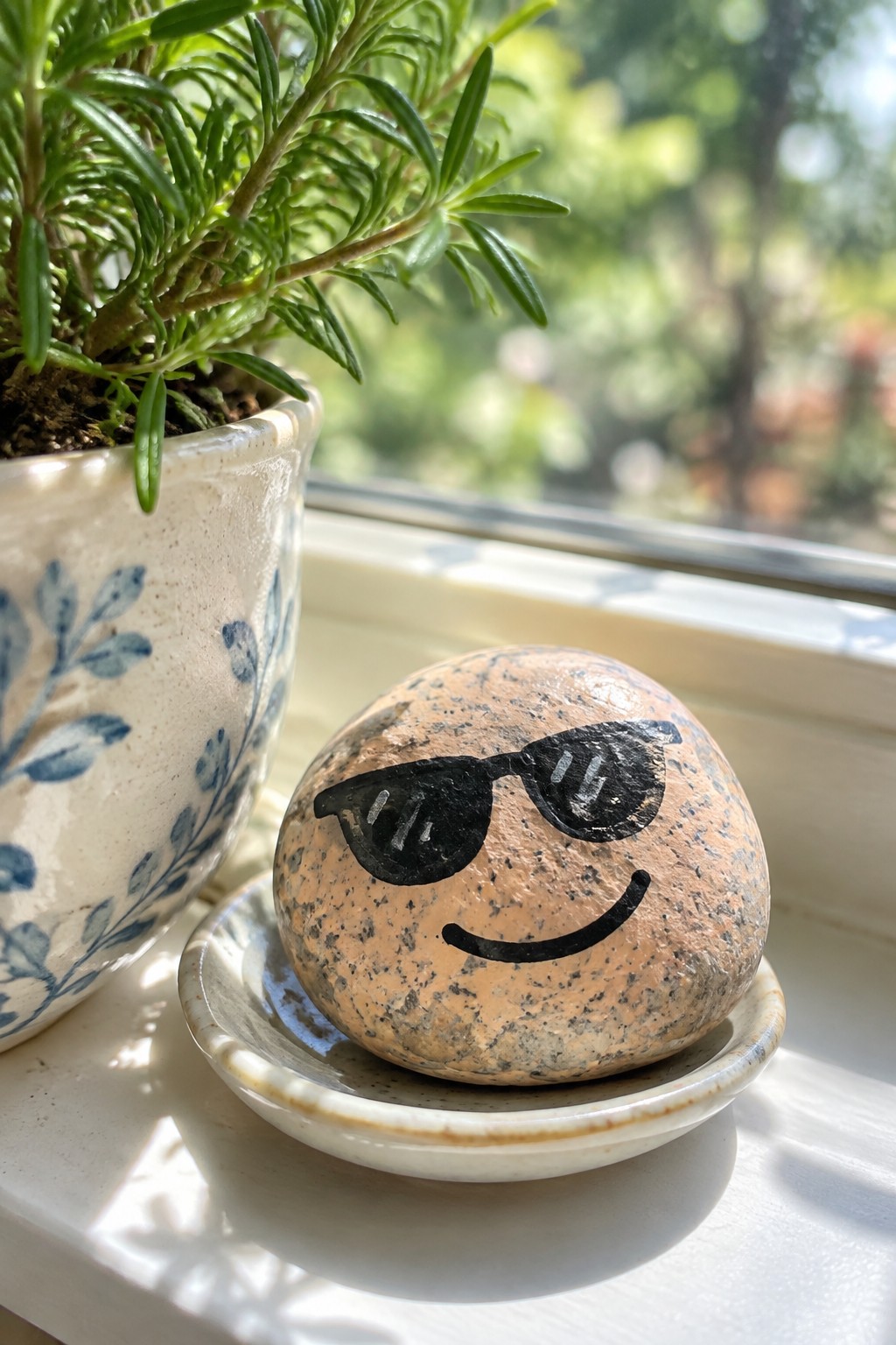 Painted smiling rock with sunglasses on saucer beside potted plant on windowsill
