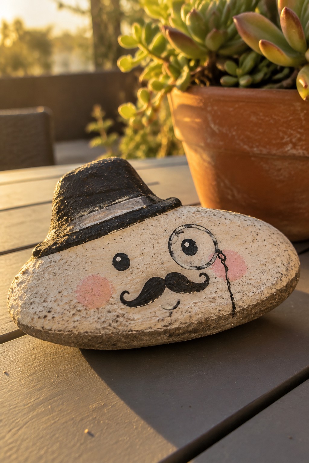 Painted rock with top hat, mustache, monocle, and pink cheeks on wooden table.