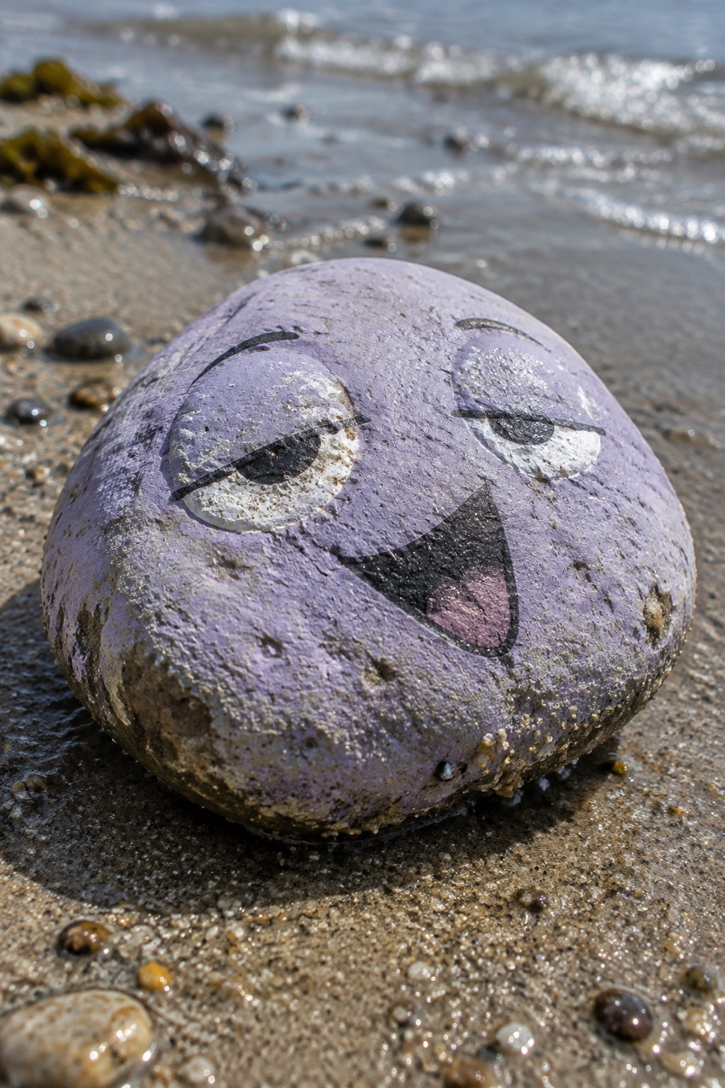 Purple rock with winking cartoon face on wet sand by ocean waves