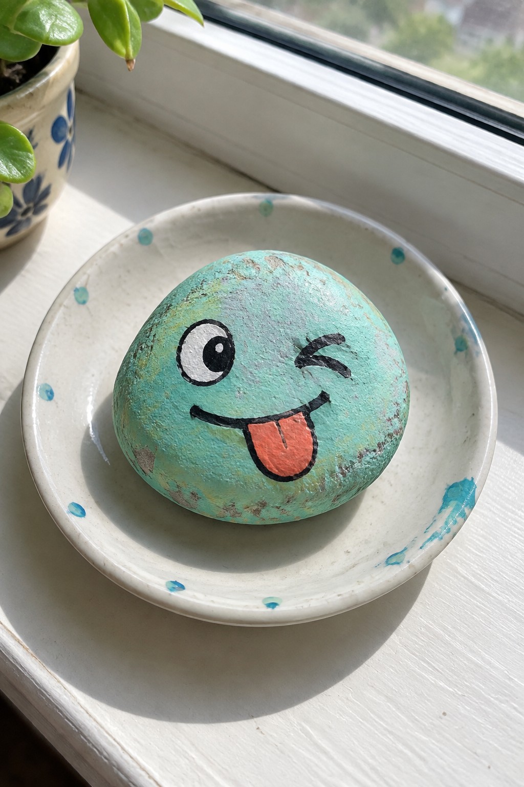 Turquoise painted rock with winking face and orange tongue on white speckled plate.